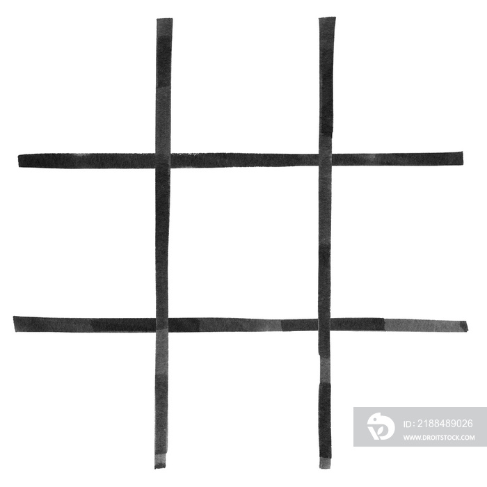 Watercolor painting black color lines of a game tic tac toe or Xs and Os on white.Hand drawn waterco