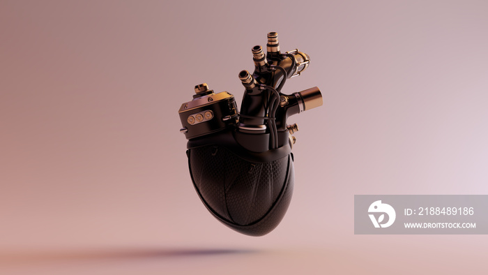 黑色人造赛博格心脏，带金色配件和橡胶管3d插图3d渲染