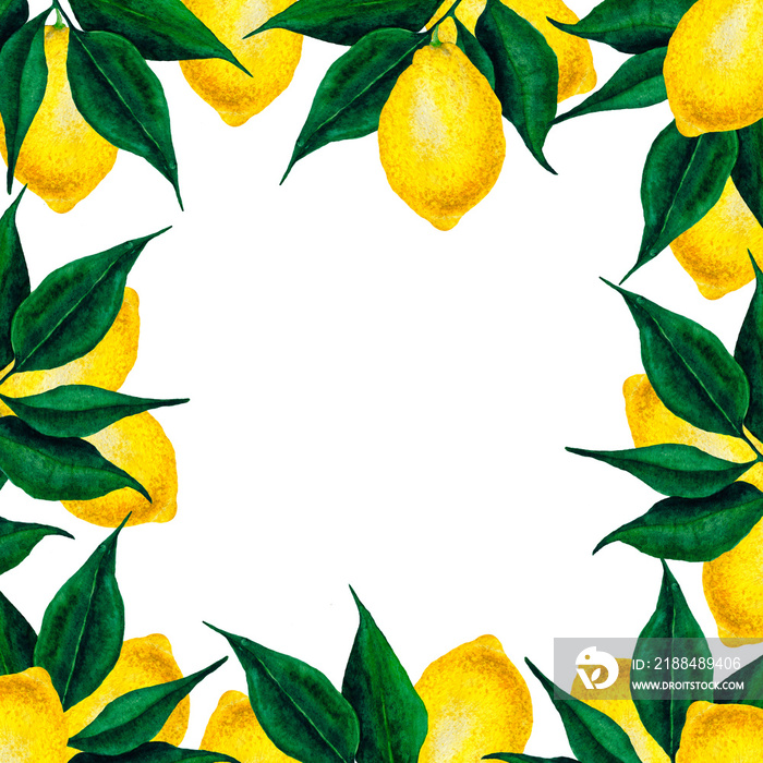 Lemon fruits and leaves watercolor frame. Lemon hand drawn elements copyspace card design template. 