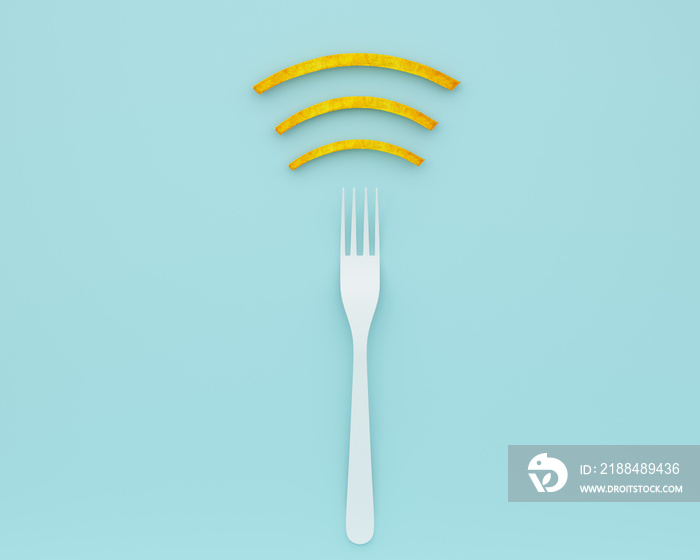 Wifi symbol creative idea layout made of fork with french fries on blue color background. minimal fo
