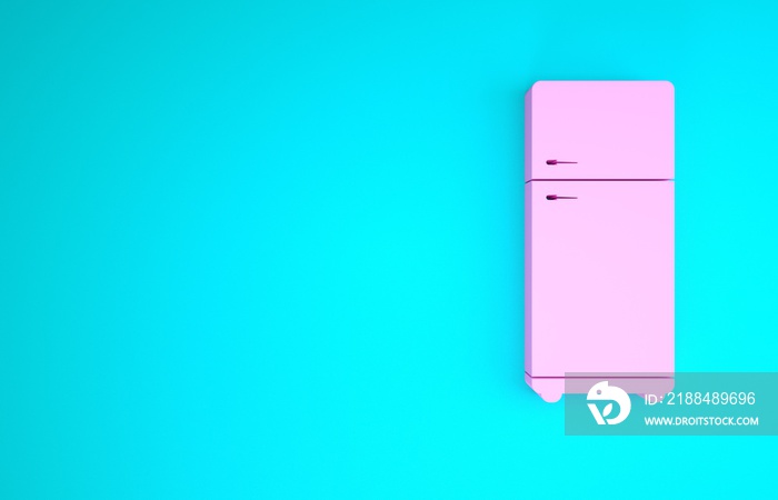 蓝色背景上隔离的粉红色冰箱图标。冰箱冷冻冰箱。家用科技和