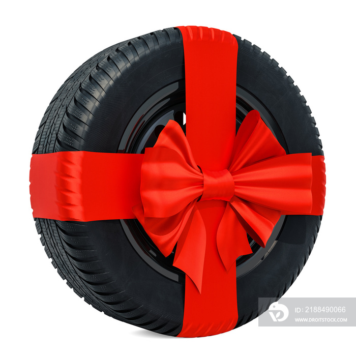 Car wheel wrapped ribbon and bow, gift concept. 3D rendering