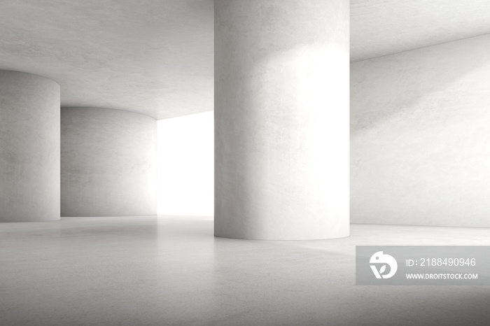墙上有光影的空混凝土房间的抽象三维渲染。