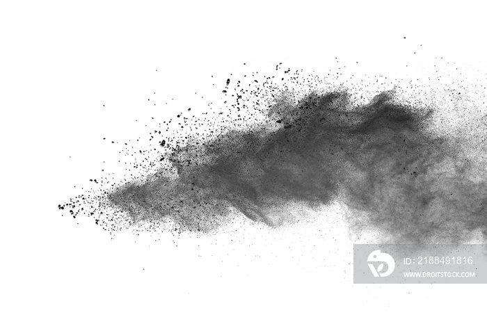 Abstract powder splatted background. Black powder explosion on white background. Colored cloud.