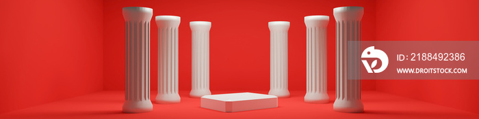 trendy showcase with white podium and  classic columns. 3d illustration