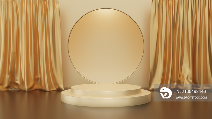 3d render of gold  pedestal steps with curtain on gold background, golden circle stage, abstract min