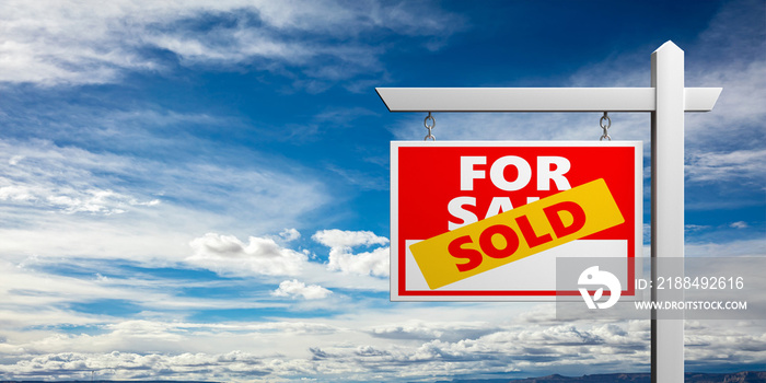 Sold for sale sign isolated against blue sky background. Real estate concept, copy space. 3d illustr