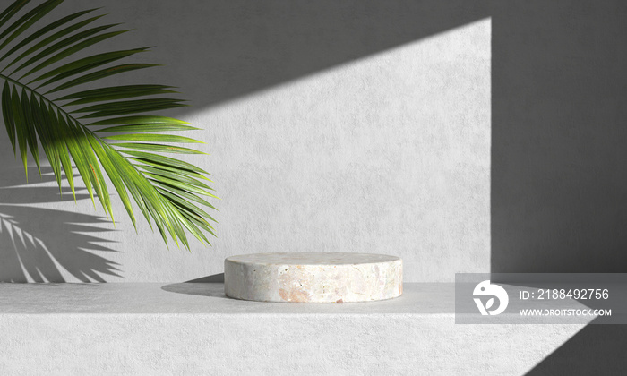 Mockup Minimal Shelves Podium For Presentation Product With Palm Leaf And Sunlight 3d Render