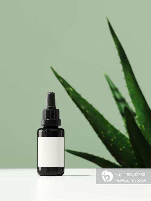 Minimal cosmetic background for product presentation. Cosmetic bottle, white platform and Aloe Vera 