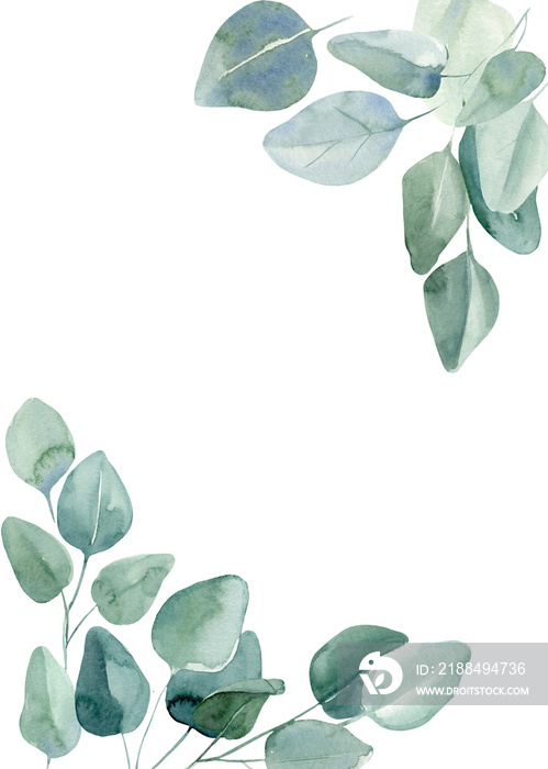 Greeting card, invitation, postcard with eucalyptus on isolated white background, watercolor illustr