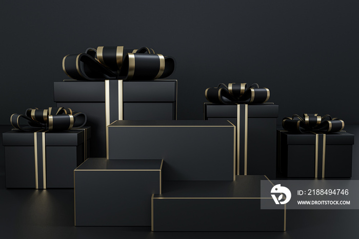 Black studio and empty podium with gift box, chirstmas concept. 3d rendering