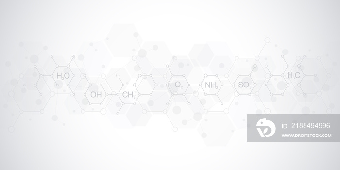 软灰色背景上的抽象化学图案，具有化学式和分子结构。