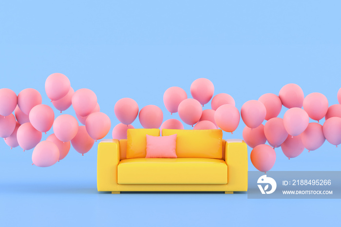 Minimal conceptual idea of yellow sofa surround with pink floating balloons on blue background. 3D r