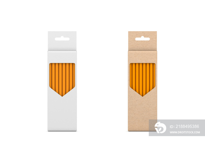 棕色和白色纸板箱中的两支铅笔套装白色隔离模型