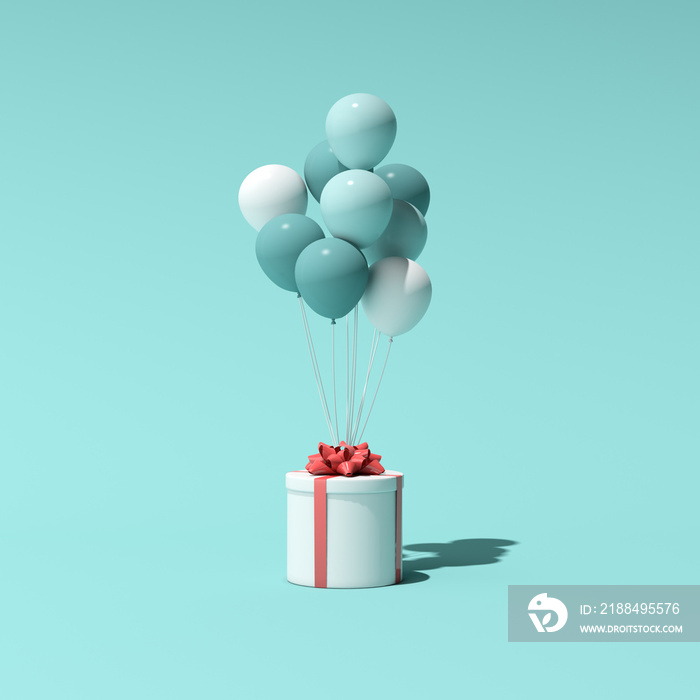 3D rendering of round gift box and balloons. Minimal concept.