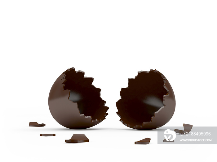 破碎的空巧克力复活节彩蛋，白色上有隔离文本的空间。3D插图