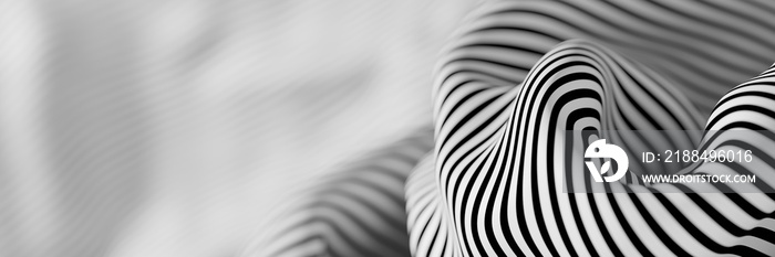 Abstract striped surface, black and white original 3d rendering