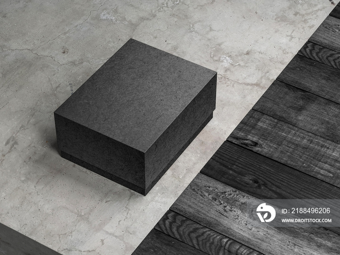 Black rectangular textured cardboard box mockup on concrete floor