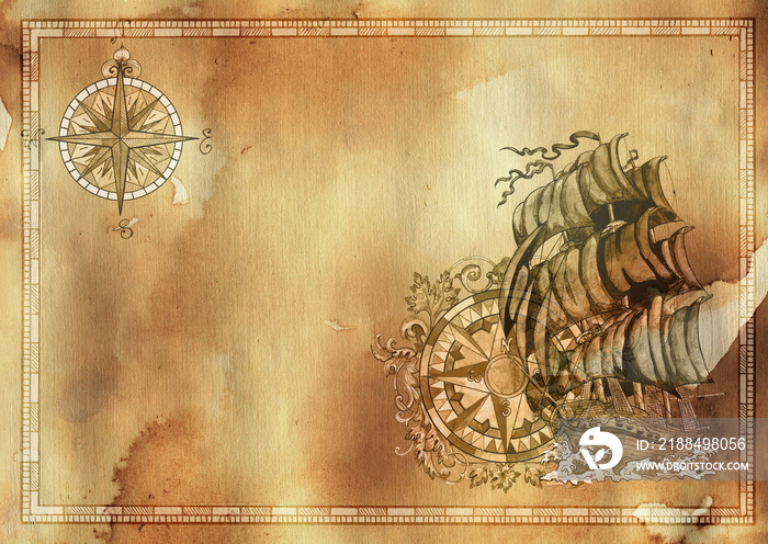 Nautical background with old sailing ship, victorian compass, blank on grunge texture
