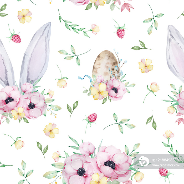 Easter watercolor seamless pattern. Gray cute bunny ears