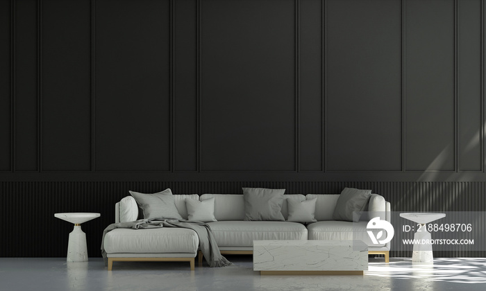 客厅的家居和装饰室内设计，舒适的沙发风格和黑色墙壁纹理背景