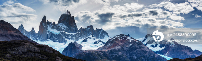 Panorama of Mount Fitz Roy in Patagonia in Argentina and its neighboring granite towers