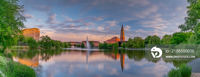 Panoramic view of Kiel skyline, Kiel Opera House, the town Hall at Kleiner Kiel in amazing summer evening sun atmosphere