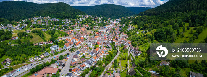 Aerial view around the city Alpirsbach in Germany. On sunny day in spring