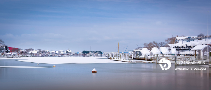 Winter Seascape over the Peaceful Snow-covered Marina in the Morning