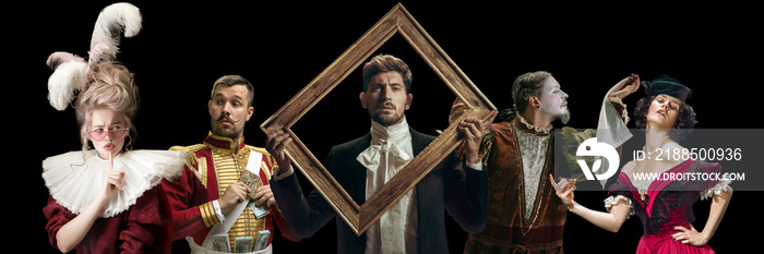 Framing. Collage on young people in medieval attire on dark background. Retro style, comparison of eras concept. Beautiful models like classic art, literature, historical character, old-fashioned.