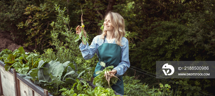 young beautiful blonde woman harvesting horseradish in the garden and is happy