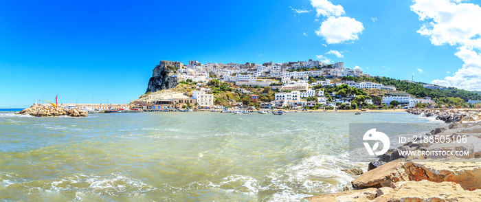 A panoramic view of Peschici, small fisihing town in Cape Gargano, Apuglia region, Italy