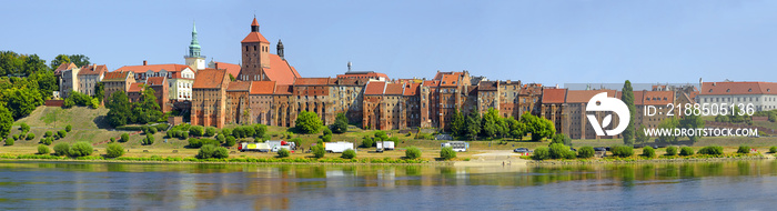 Panorama of historic granaries in Grudziadz at the Vistula River in northern Poland. Situated in the Kuyavian-Pomeranian Voivodeship