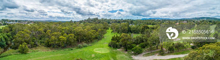 Wide aerial panorama of Rowville reserve in Melbourne, Australia