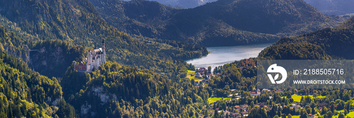 panoramic landscape in Bavaria with castle Neuschwanstein