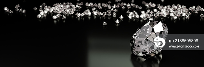 3D Rendering many size diamonds on a black surface with reflection.