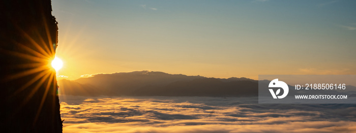 morning summer of nature mountain landscape in happy lifestyle of freedom and relax with cloud fog on sky, adventure travel journey vacation with sunrise or sunset over beautiful mist forest