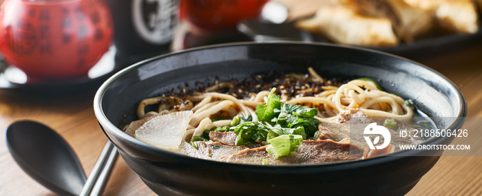 chinese beef soup in bowl panorama