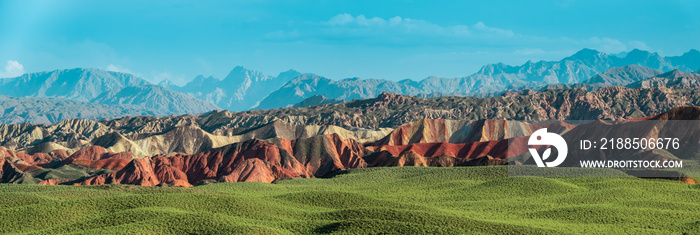 Wide panorama of Zhangye Danxia geological park in Gansu Province, China. Chinese landscape with geological layers.