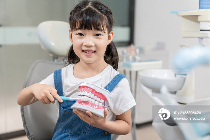 小女孩在牙科诊所给牙齿模型刷牙