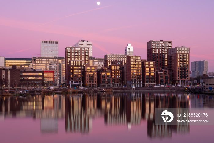 City skyline Little C in Rotterdam during a pink sunset