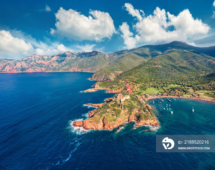 View from flying drone. Majestic morning view of Port de Girolata - place, where you can’t get by car. Gorgeous spring scene of Corsica island, France, Europe. Bright Mediterranean seascape.