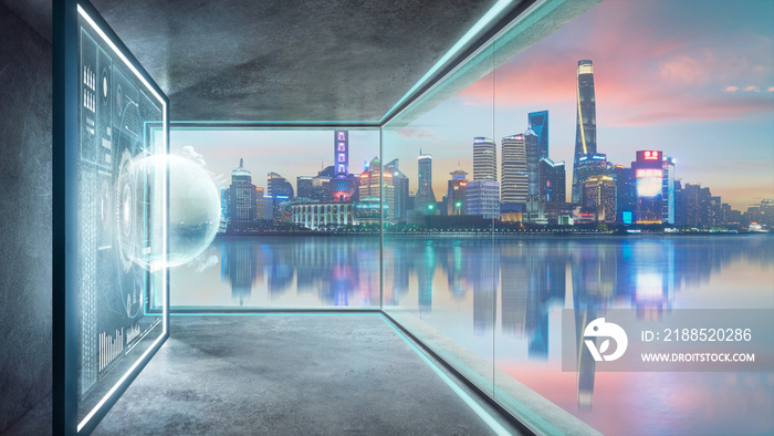 Empty loft contemporary interior office with virtual 3d holographic interface screens  and modern Shanghai cityscape from glass window .