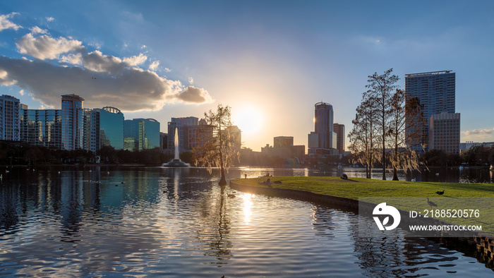 Sunset in Orlando in Lake Eola Park, Florida, USA