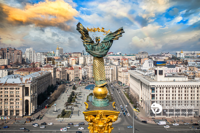 Independence Monument in Kyiv. View from drone