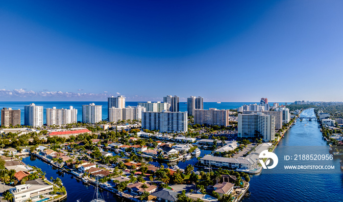 aerial drone of City of Fort Lauderdale, Florida with empty space