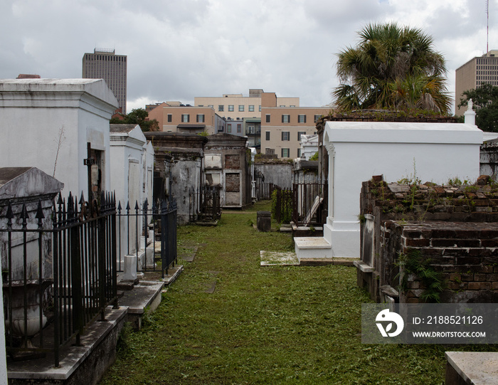 Beautiful scene of St Louis cemetery No 1 in New Orleans Louisiana with gothic look and mausoleums. Plants growing on structures and paint chipping from brick work.