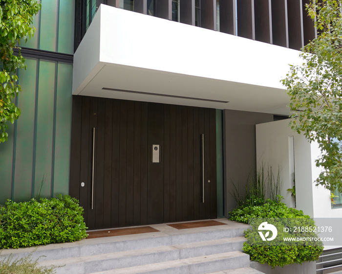 modern house etrance dark brown wood and glass door and plants, Athens Greece