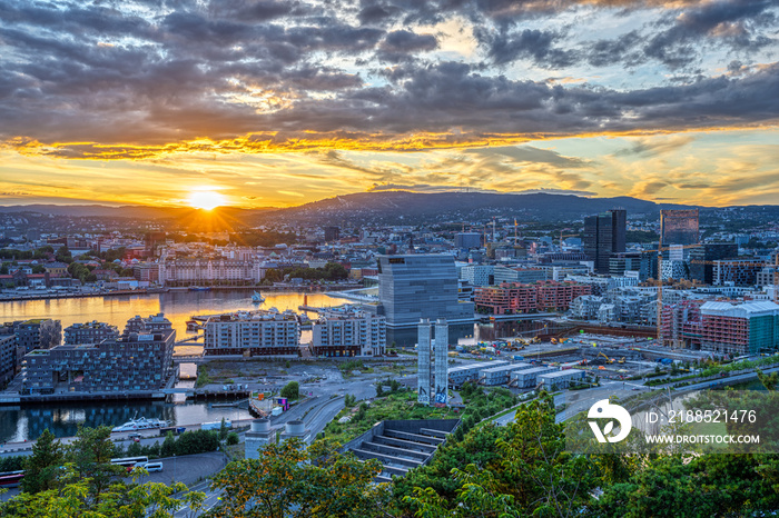 Beautiful sunset seen in Oslo, the capital of Norway