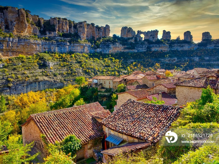 Orbaneja del Castillo village, famous village for its cascades Burgos province, Spain